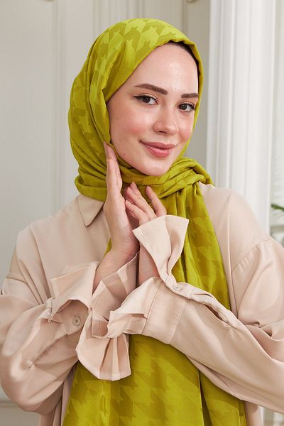 İpekhan Σειρά Oil Green Silk Jacquard - Σάλι με σχέδιο Houndstooth 9000-16