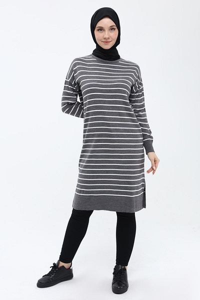 ilmek Women's Striped Long Knitwear Hijab Tunic 4355