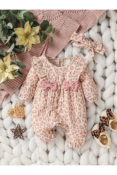 GlassySKY Ribbon Decorated Romper & Headband, Comfortable Curvy Long Sleeve Romper, Infant and Kids Girls Romper