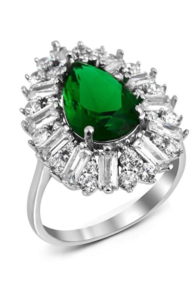 Coquet Accessories Zümrüt Rengi Baget Ve Pırlanta Kesimli Taşlı Gümüş Yüzük Cn520