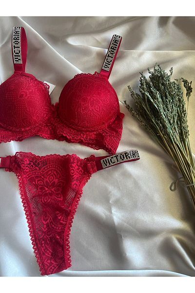 NİVENE Red Lace Stone Underwire Padded Bra Set