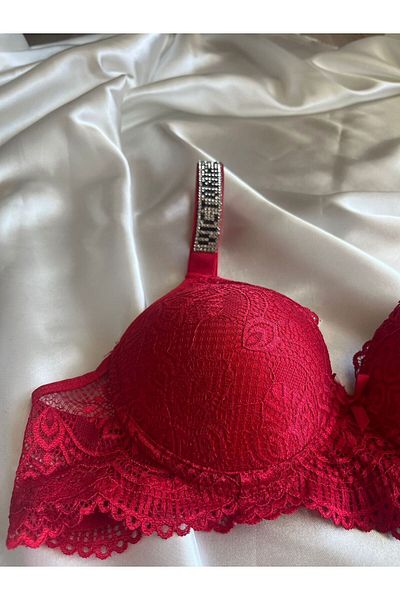 NİVENE Red Lace Stone Underwire Padded Bra Set