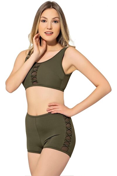 Swana Kadın Haki Tül Detaylı Şortlu Bikini Takımı