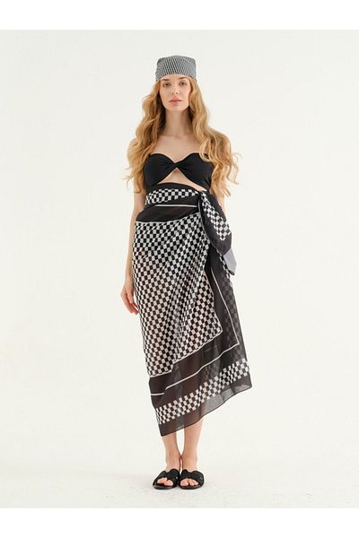 BROWN SARTO Black Checker Patterned Pareo