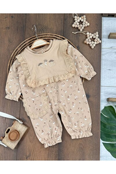 Bolly Baby Müslin Kumaş Güpür Detaylı Önlüklü Çıtçıt Kapama Çiçek Desen Kız B...
