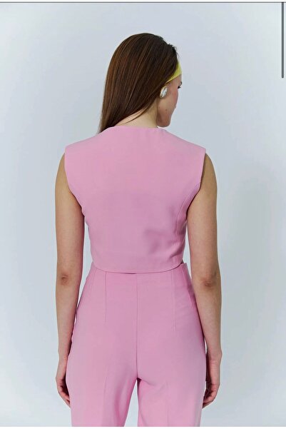 Quzu Button Detailed Short Vest Jacket Pink