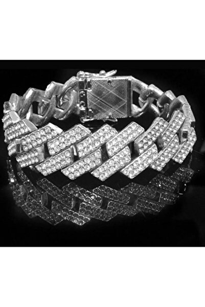 Elmas Dizayn 20mm Kalınlık 25cm Uzunluk Kalın Komple Zırkon Rodyum Gurme Bileklik Sılver