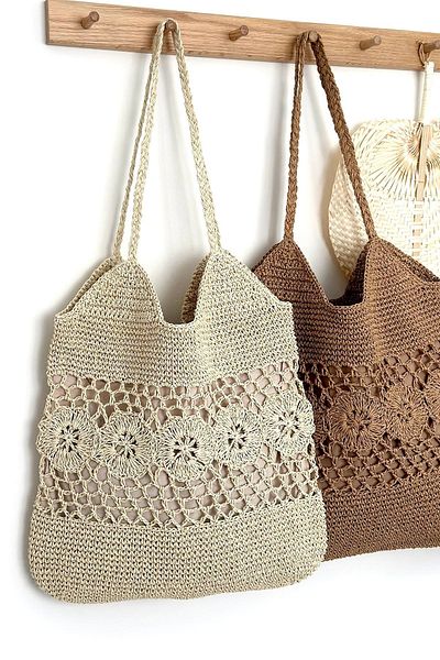 BECCASTYLE Large Shoulder Floral Patterned Tote Bag - Straw Macrame Beach Bag
