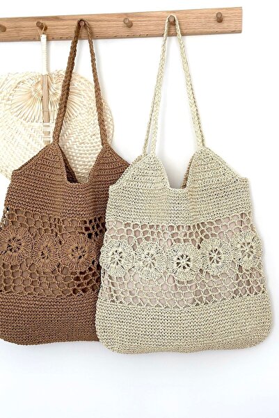 BECCASTYLE Tote Çanta, Örgü Hasır Çanta, Büyük Omuz Çantası, Çiçekli Çanta, Yazlık Makrome Çanta, Plaj Çantası