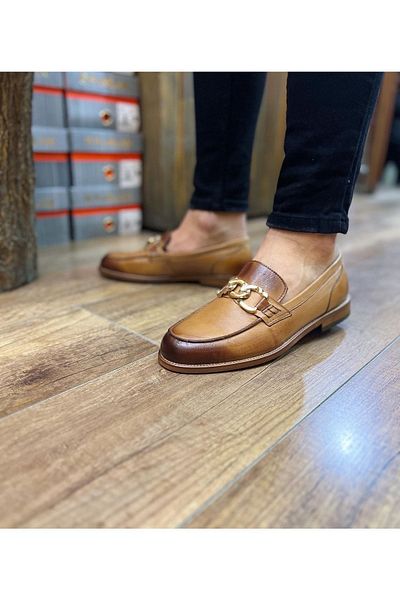 Parlak Tan Buckle Genuine Leather Men's Shoes