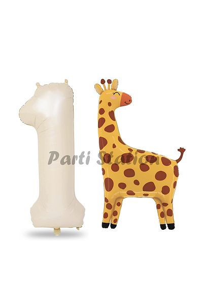 Parti Station 1 Year Old Safari Giraffe Balloon Set - Cute and Cream Colored Number Balloon