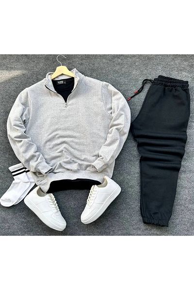 NewCabin Μαύρο βαμβακερό Sweat-Βαμβακερό Σετ Φούτερ - Μισό φερμουάρ, Σετ 2