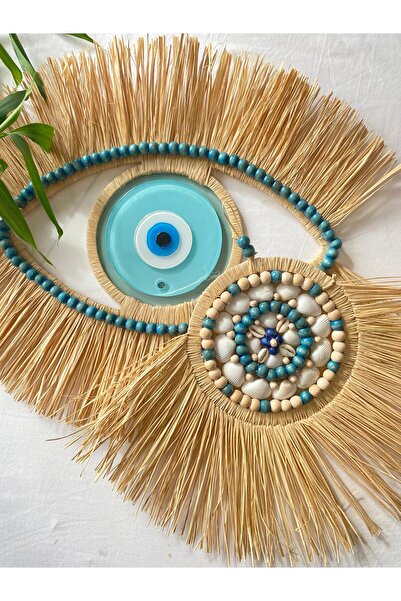 PearlHome Doğal Rafya Nazar Boncuklu Yelpaze İkili Duvar Dekoru