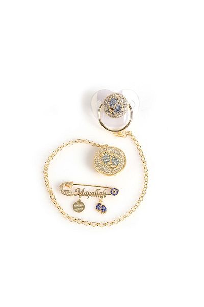 Sahi Aksesuar Set of 3 Silicone Pacifier Chains with Coated Crystal Stones and Blue Foot Figure