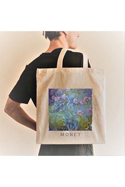 bezçantadünyası Claude Monet Mor Çiçekler Bez Çanta