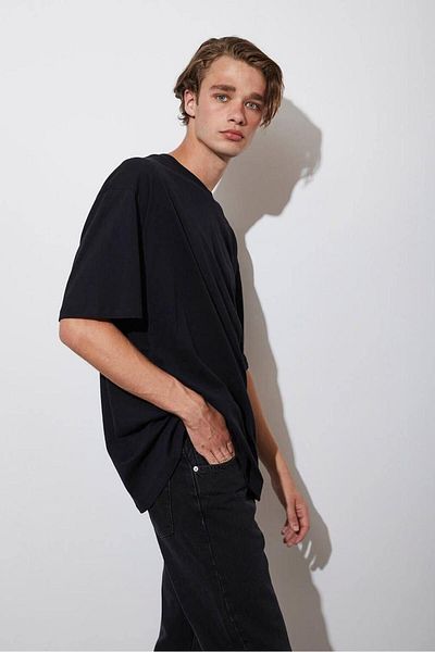 DEEPSENCE Ανδρικό μπλουζάκι με λαιμόκοψη Oversize - Απλό Μαύρο Λευκό, Βαμβακερό, Summer Plain Basic