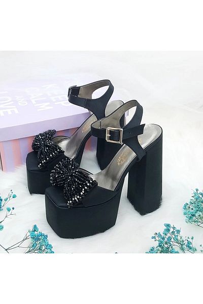 ASLIACAR 16 cm High Heeled Women's Black Satin Evening Dress Shoes with Low Slope Platform and Bow Detail