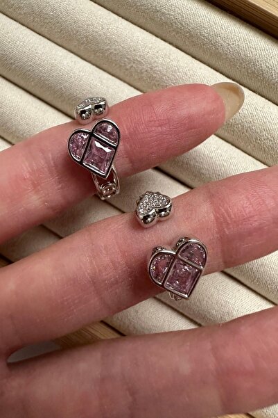 ringbox Gümüş Renkli Baget Pembe Taşlı Ikili Kalp Yüzük