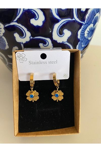 İpozi Yonca Evil Eye Beaded Steel Earring