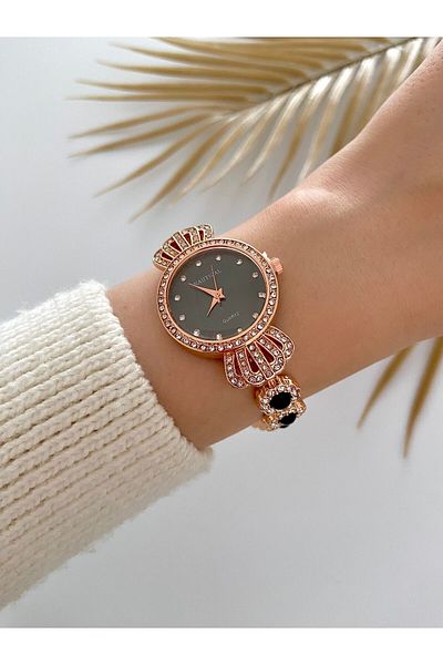 Arzu Butik Black Stone Vintage Women's Wristwatch - Metal Cord