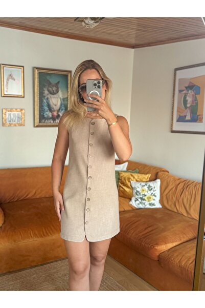 Butik Bej önden düğmeli mini elbise