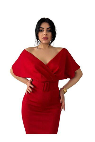 WOMAN VISION Scuba Kumaş Kadın Abiye Elbise - Düşük Kruvaze Yaka Kemer Detayl...