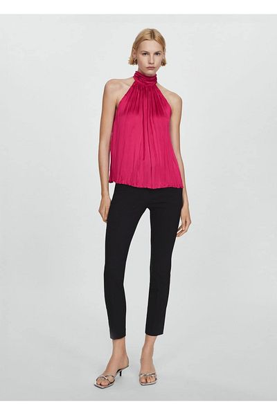 MANGO Woman High Collar - Pleated Blouse Design