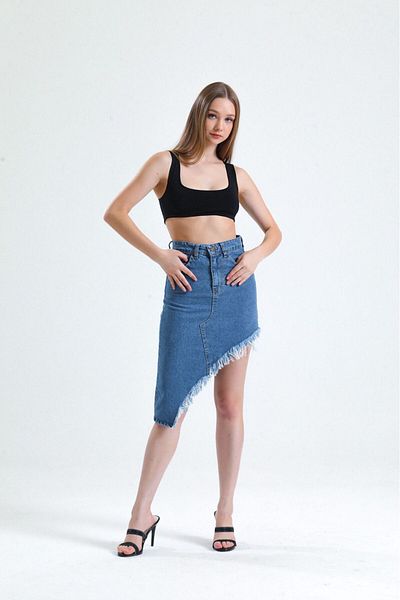 Vovikon Fusta de blugi asimetrică pentru femei din denim - ciucuri KN