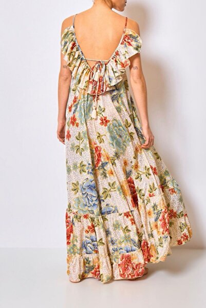 LEVLA PARIS İpek dokunuşlu Sırtı Volanlı Uzun Elbise