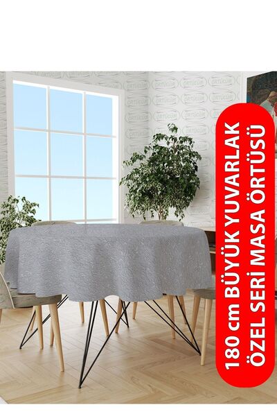 Örtücüm Gri 180 Cm Büyük Boy Yuvarlak Pvc Muşamba Elyaflı Masa Örtüsü Silineb...