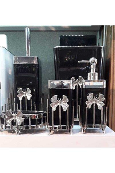 MEYLACO طقم حمام فراشة باللون الأسود مع عصا فضية