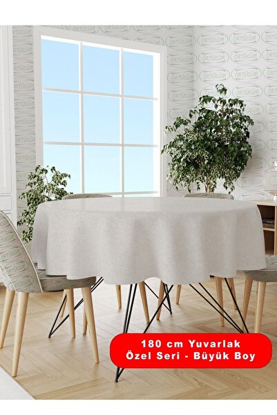 Örtücüm Beyaz 180 Cm Büyük Boy Yuvarlak Pvc Muşamba Elyaflı Masa Örtüsü Silin...