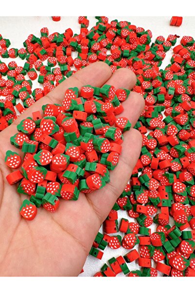 Ebruli Boncuk 10mm Çilek Meyvesi Figür Fimo Boncuk Takı Yapımı Bead (100 Adet)