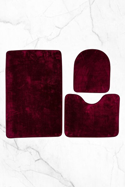 Butik Düz Vişne Çürüğü 3'lü Klozet Takımı Banyo Halısı Paspası Seti