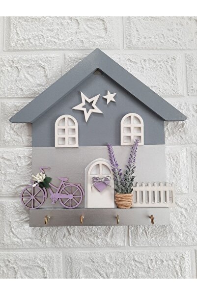 EL YAPIMI Doğum Günü Hediyesi 27 X 27 Gümüş Gri Lavantalı Mor Bisikletli Ahşap Duvar Dekor Anahtarlık Askısı