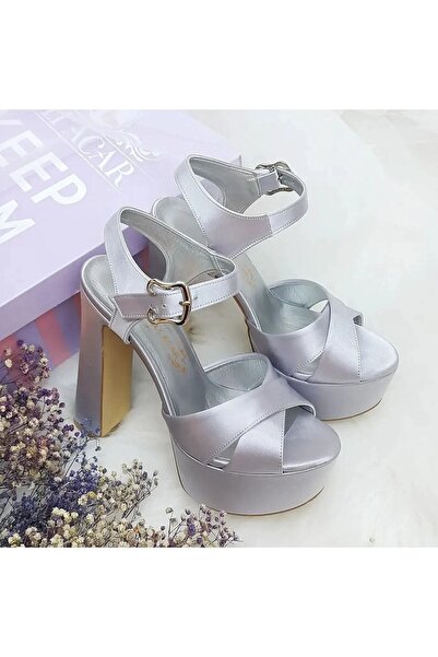 ASLIACAR 14 Cm Heeled Silver Color Satin Engagement & Evening Dress Shoes Asl...