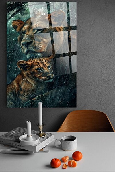 TAULART Lav i mladunac, porodica lavova, staklena slika, poklon za dom i kanc...