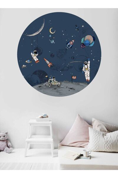 KT Decor Yuvarlak Manzara Astronot Ve Gezegenler Çocuk Ve Bebek Odası Duvar S...
