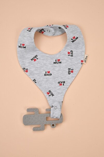 e&f Store Pacifier Holder Bib - I Love Dad I Love Mom Patterned Gray Cotton F...