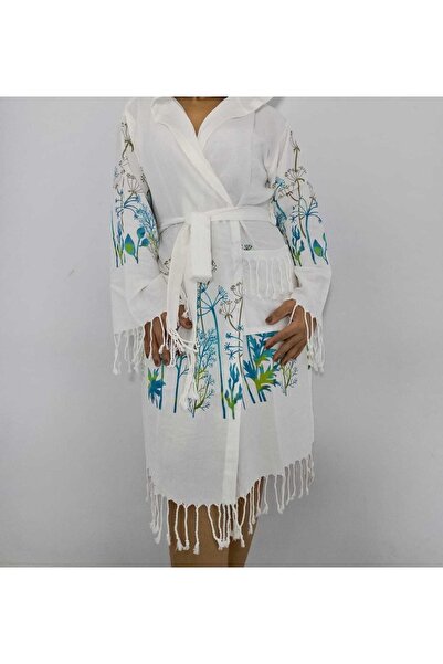 acartekstil Nevin Acar Blue Chicory Patterned Bamboo Peshtemal Bathrobe