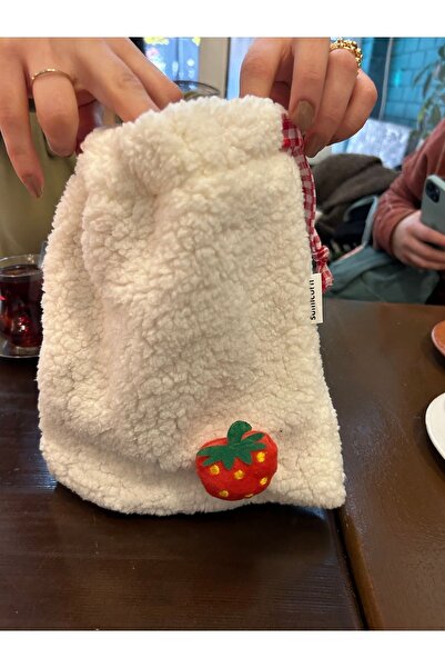 Sumicorn Design Peluş Çilek Pötikareli Astarlı Büzgülü Ipli Düzenleyici Kese Makyaj Çantası Bez Poşet Ekru