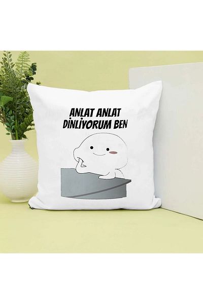 GünayStore Tell Me Tell Me I'm Listening Written Mochi Cat Printed Gift Pillow