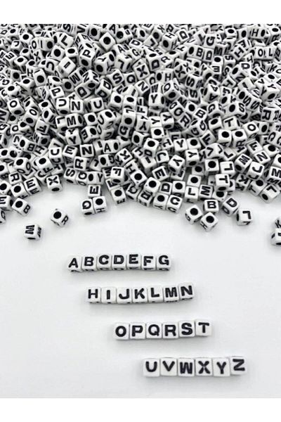 Hobimos 7x7mm Dice Beads - White, Black Letter Jewelry Bead (100GR,~600 Pcs)