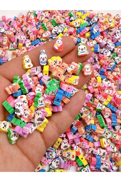 Ebruli Boncuk 10mm Renkli Tavşan Figür Fimo Boncuk Takı Yapımı Bead (100 Adet)