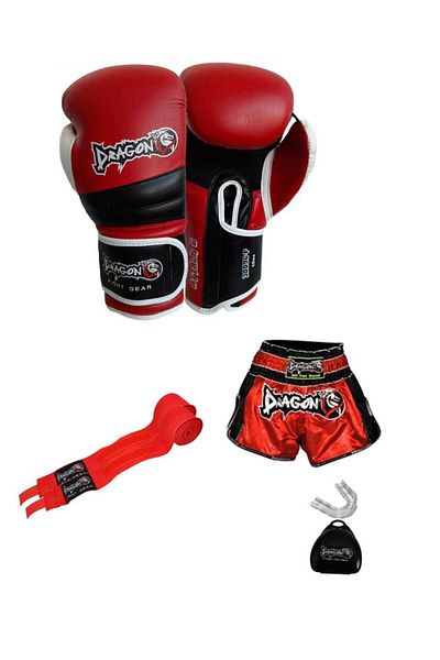 Dragondo Retro Attack Boxing - 10 Oz Gloves, Retro Shorts with Transparent Teethers, 3.5 Mt Bandage Set