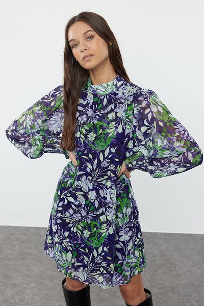 Trendyol Collection Χειμερινό μωβ αφηρημένο υφαντό φόρεμα - TWOAW24EL00573