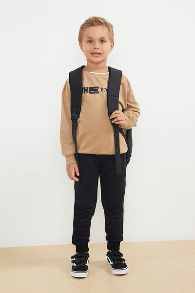 TRENDYOLKIDS Cotton Beige Knitted Set - Slogan, Top and Bottom Set Tkdaw25Au00009