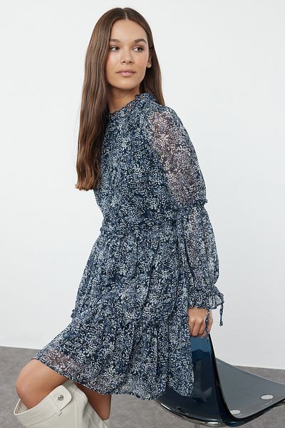 Trendyol Collection Rochie mini cu guler - albastru, căptușită și adunată, iarnă, țesut TWOAW20EL0345