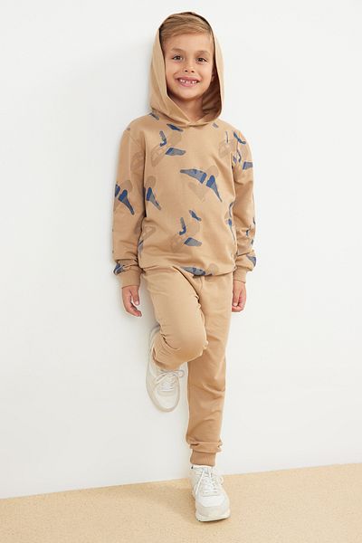 TRENDYOLKIDS Boy's Beige Slogan Set - Cotton Knitted, Tkdaw25Au00008