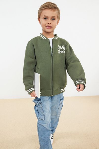 TRENDYOLKIDS Boy's Khaki Bomber Jacket - Slogan Print, School Uniform Tkdaw25ce00004